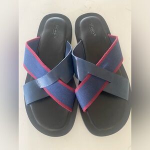 Dune London Cross-Strap Leather Textile Men's Sliders Sandals Navy US 8 EU 42
